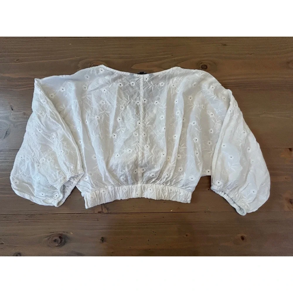 G25 Zara White Eyelet Embroidered Tie Front Crop Top Puff Sleeve Blouse XS